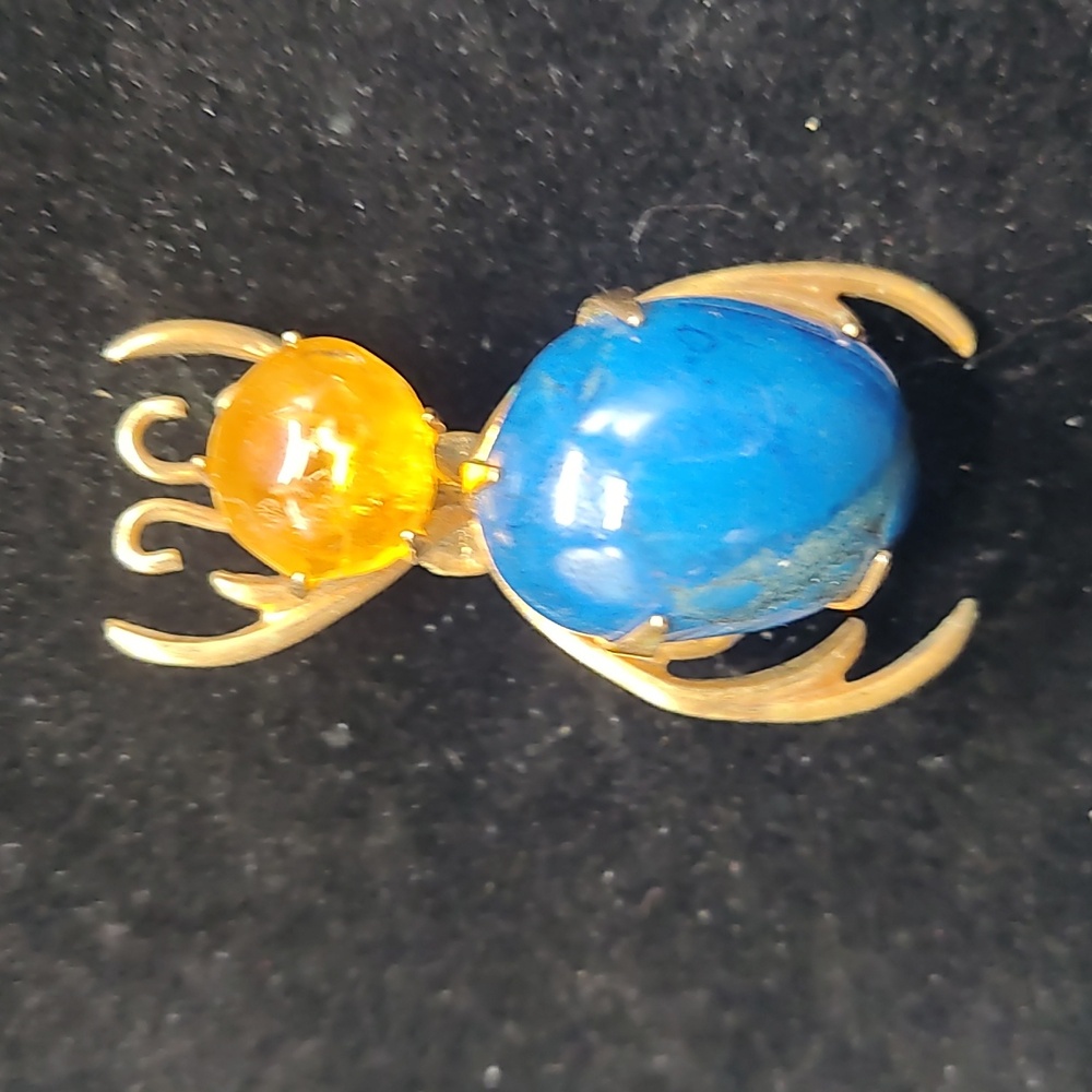 Beautiful Gold Tone Metal, Semi Precious Lapis Citrine Insect Pin